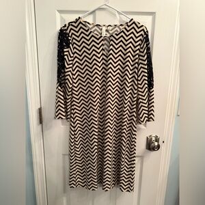 NWT - Tacera Black and Cream Chevron Dress with Lace Embellished Sleeves